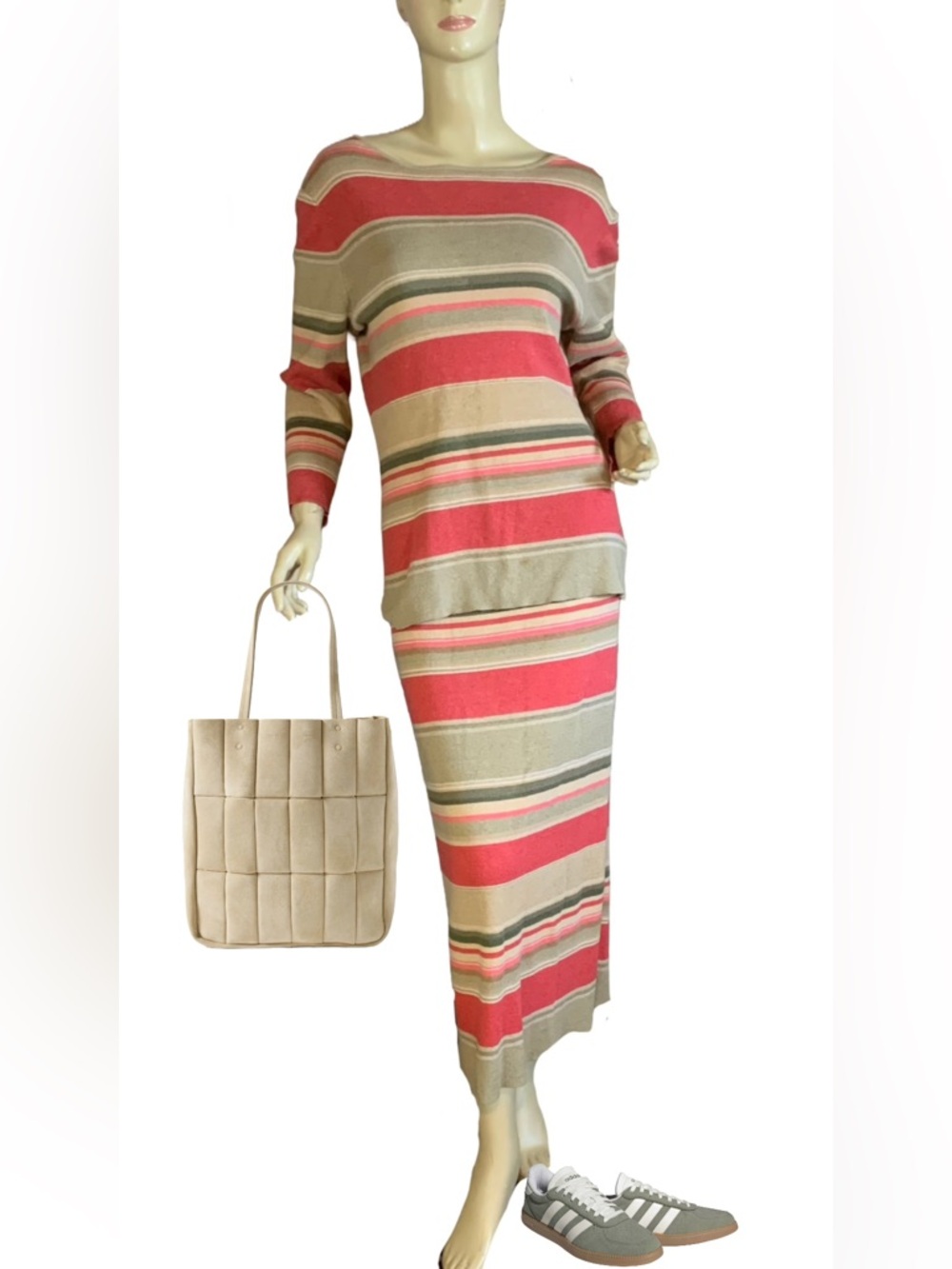 JONES NEW YORK VINTAGE Y2K CORAL & BEIGE STRIPED LINEN BLEND SKIRT SET (M)